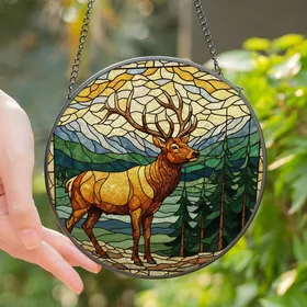 Nature Lovers' Majestic Elk Stag Golden Amber Tiffany Style Stained Glass Forest Mountain Art Stained Glass Suncatcher