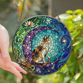 Cat Lovers' Intricate Tiffany Stained Glass Calico Cat Crescent Moon Jewel Tone Teal Purple Amber Edge-to-Edge Mosaic Stained Glass Suncatcher