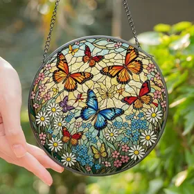 Art Enthusiasts' Vibrant Stained Glass Monarch & Morpho Butterflies with Daisy & Blossom Floral Mosaic in Jewel Tones Stained Glass Suncatcher