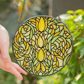 Art Lovers' Vibrant Tiffany Stained Glass Cascading Yellow White Green Tulips Intricate Botanical Mosaic Stained Glass Suncatcher