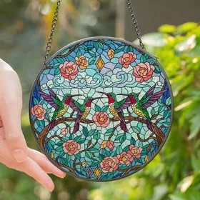 Nature Lovers' Luminous Tiffany Stained Glass Hummingbirds Pink Blossoms Teal Foliage Mosaic Stained Glass Suncatcher
