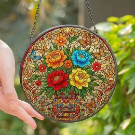 Nature Lovers' Vibrant Tiffany Stained Glass Peony Bouquet Butterfly Mosaic Art Red Orange Yellow Blue Green Stained Glass Suncatcher