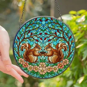 Nature Lovers' Tiffany Stained Glass Squirrels Pinecone & Peach Blossom Mosaic Pattern Stained Glass Suncatcher