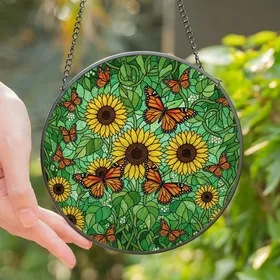 Nature Lovers' Vibrant Jewel-Toned Stained Glass Monarch Butterfly & Sunflower Mosaic Stained Glass Suncatcher
