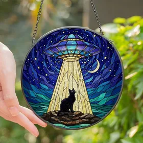 Sci-Fi Cat Lovers' Tiffany Stained Glass UFO Abduction Black Cat Cosmic Night Sky Jewel Tones Stained Glass Suncatcher