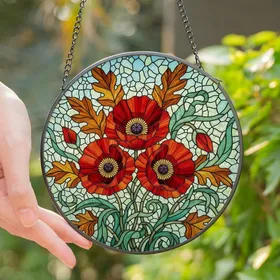 Botanical Art Lovers' Glowing Stained Glass Poppies Floral Teal Red Blue Mosaic Stained Glass Suncatcher