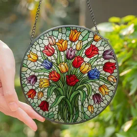 Floral Art Lovers' Tiffany Style Stained Glass Tulip Bouquet Jewel Tone Mosaic Stained Glass Suncatcher