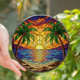 Nature Lovers' Vibrant Stained Glass Sunset Palm Tree Ocean Tropical Mosaic Design Stained Glass Suncatcher