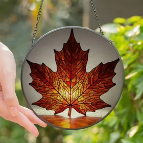 Autumn Enthusiasts' Tiffany Stained Glass Crimson Orange Golden Maple Leaf Mosaic Stained Glass Suncatcher