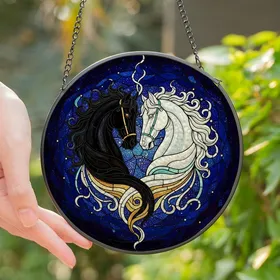 Horse Lovers' Tiffany Stained Glass Embracing Equine Heads Cosmic Void Gold & Teal Accents Stained Glass Suncatcher