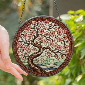 Art Enthusiasts' Intricate Stained Glass Cherry Blossom Floral Mosaic Coral Pink & Slate Blue Design Stained Glass Suncatcher
