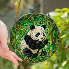 Panda Lovers' Jewel Tone Tiffany Stained Glass Baby Panda Emerald Green Bamboo Mosaic Art Stained Glass Suncatcher