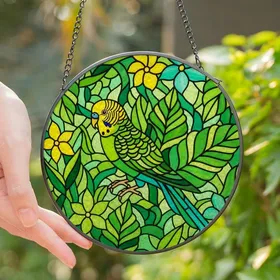 Bird Lovers' Stained Glass Budgie Emerald Green Teal Yellow Tropical Mosaic Art Stained Glass Suncatcher