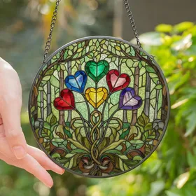 Nature & Art Lovers' Tiffany Stained Glass Heart Blooms, Jewel Tones & Forest Mosaic Stained Glass Suncatcher