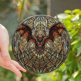 Stained Glass Art Fans' Intricate Gothic Bat Spiderweb Jewel Tones Organic Mosaic Stained Glass Suncatcher