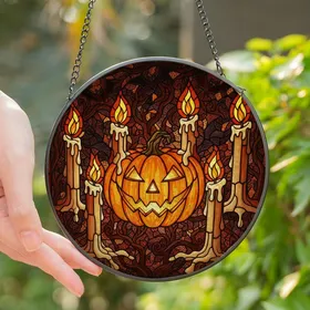 Halloween Enthusiasts' Intricate Tiffany Style Stained Glass Jack-o'-Lantern Dripping Candles Gothic Amber Mosaic Stained Glass Suncatcher