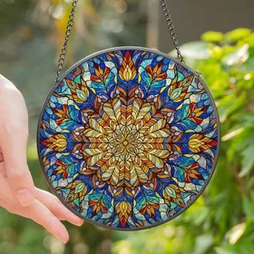 Art Lovers' Tiffany Style Stained Glass Feather Mandala Sunburst Vibrant Jewel Tones Stained Glass Suncatcher