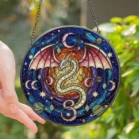 Celestial Art Lovers' Tiffany Stained Glass Coiled Dragon Cosmic Nebula Iridescent Pink Yellow Jewel Art Stained Glass Suncatcher