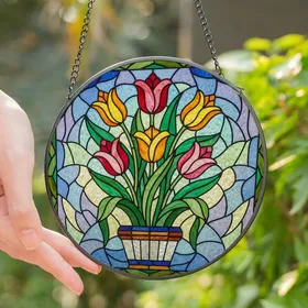 Art Lovers' Vibrant Tiffany Stained Glass Tulip Bouquet Jewel-Toned Intricate Floral Mosaic Stained Glass Suncatcher