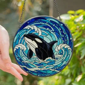 Ocean Lovers' Tiffany Stained Glass Orca Whale Breaching Ocean Mosaic Deep Black Blue Aqua Jewel Tones Edge-to-Edge Stained Glass Suncatcher