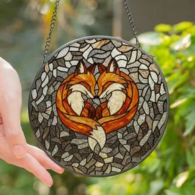 Nature Lovers' Tiffany Stained Glass Foxes Heart Jewel Tones Intricate Mosaic Art Stained Glass Suncatcher