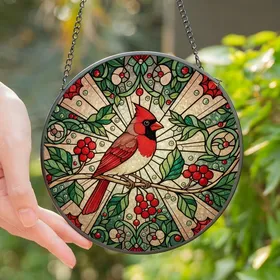 Art Lovers' Tiffany Stained Glass Cardinal Bird Jewel Tone Mosaic with Ruby Red, Emerald Green & Cream Patterns Stained Glass Suncatcher