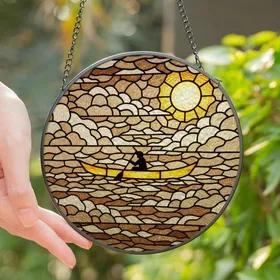 Nature Lovers' Tiffany Style Stained Glass Solitary Canoe Paddler Yellow Amber Cloud Mosaic Stained Glass Suncatcher