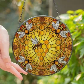 Nature Lovers' Intricate Stained Glass Golden Honeycomb Bee Yellow Black Orange Tiffany Floral Art Stained Glass Suncatcher