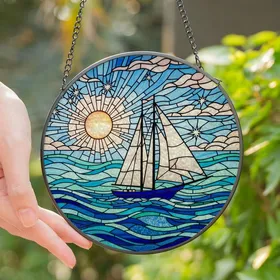 Ocean Lovers' Tiffany Stained Glass Sailboat Seascape Mosaic, Deep Blue Ocean Waves, Orange Sun, Pink Sky Hues Stained Glass Suncatcher