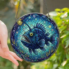 Deep Sea Art Lovers' Menacing Anglerfish Stained Glass Deep Sea Abyss Jewel Tone Mosaic Stained Glass Suncatcher