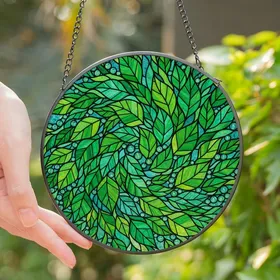 Nature Lovers' Intricate Jewel-Toned Stained Glass Leaves Organic Swirl Mosaic Stained Glass Suncatcher