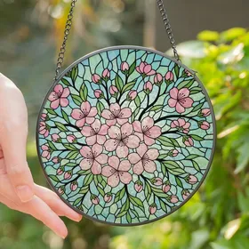 Art Enthusiasts' Intricate Stained Glass Cherry Blossom Pink Green Pastel Blue Floral Mosaic Stained Glass Suncatcher