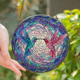 Women's Vibrant Tiffany Stained Glass Hummingbird Floral Lavender Mosaic Stained Glass Suncatcher