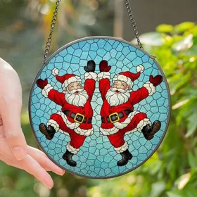 Holiday Enthusiasts' Joyful Dancing Santas Stained Glass Mosaic Red Blue Amber Jewel Tones Stained Glass Suncatcher
