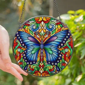 Nature Lovers' Tiffany Stained Glass Butterfly Jewel Tone Mosaic Floral Swirls Stained Glass Suncatcher