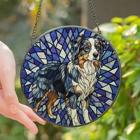 Australian Shepherd Lovers' Tiffany Style Stained Glass Blue Merle Aussie Dog Geometric Mosaic Jewel Tones Stained Glass Suncatcher