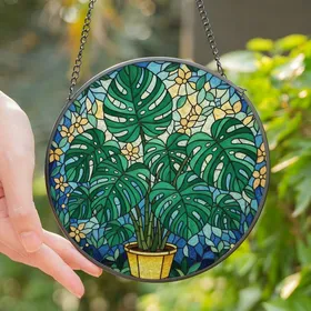 Plant Lovers' Tiffany Style Stained Glass Monstera Deliciosa Emerald Green Teal Tropical Mosaic Stained Glass Suncatcher