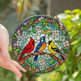 Nature Lovers' Vibrant Tiffany Stained Glass Cardinal & Finch Floral Mosaic Stained Glass Suncatcher