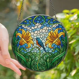 Nature Lovers' Vibrant Tiffany Style Stained Glass Blue Bird Golden Lilies Emerald Leaves Azure Sky Mosaic Stained Glass Suncatcher