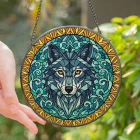 Wolf Lovers' Tiffany Stained Glass Wolf Head Geometric Glowing Eyes Mosaic Stained Glass Suncatcher