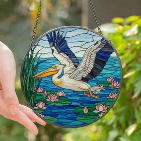 Nature Lovers' Tiffany Style Stained Glass Majestic Pelican Water Lilies Blue Green Mosaic Art Stained Glass Suncatcher