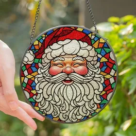 Holiday Enthusiasts' Vibrant Tiffany Stained Glass Santa Face Red Gold Blue Edge-to-Edge Mosaic Stained Glass Suncatcher