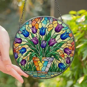 Floral Art Fans' Tiffany Style Stained Glass Tulip Bouquet Mosaic Vibrant Jewel Tones Stained Glass Suncatcher