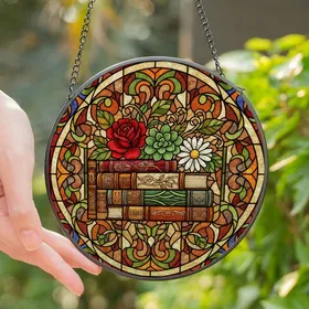 Book Lovers & Art Enthusiasts' Tiffany Stained Glass Books, Floral Mosaic Jewel Tone Reds Greens Stained Glass Suncatcher