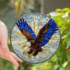 Nature & Art Enthusiasts Dynamic Bald Eagle Stained Glass Iridescent Glitter Jewel Tone Blue Mosaic Sky Stained Glass Suncatcher