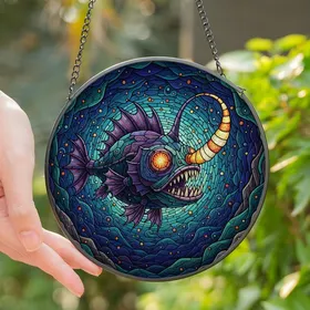 Oceanic Art Admirers' Tiffany Style Anglerfish Stained Glass Mosaic, Bioluminescent Lure, Sapphire Blue & Amethyst Tones Stained Glass Suncatcher