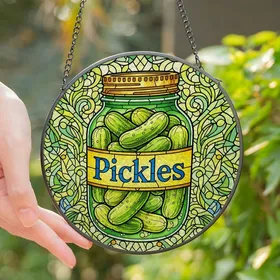 Pickle Lovers' Tiffany Inspired Stained Glass Dill Pickle Jar Art, Vibrant Green & Golden Yellow Mosaic Stained Glass Suncatcher