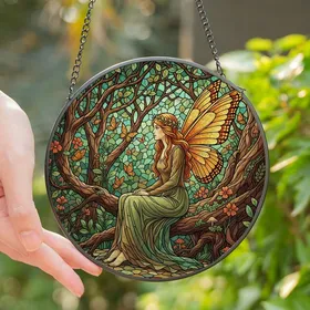 Fantasy Art Lovers' Ethereal Stained Glass Fairy Forest Emerald Golden Amber Terracotta Mosaic Art Stained Glass Suncatcher