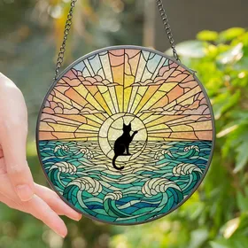 Cat Lovers' Stained Glass Black Cat Crescent Moon Ocean Aqua Emerald Gold Sky Sunrise Mosaic Stained Glass Suncatcher