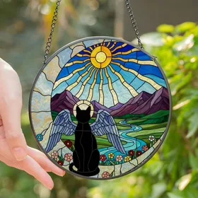 Cat Lovers' Celestial Stained Glass Angel Cat Moon Mountain Wildflower Jewel Tone Mosaic Stained Glass Suncatcher